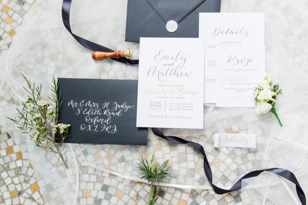 Flat lay of wedding stationery