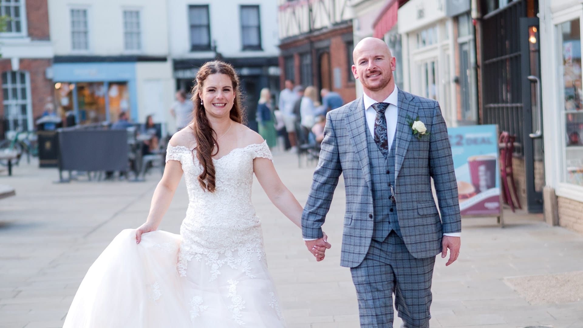 Bride and groom in the town square, Romsey