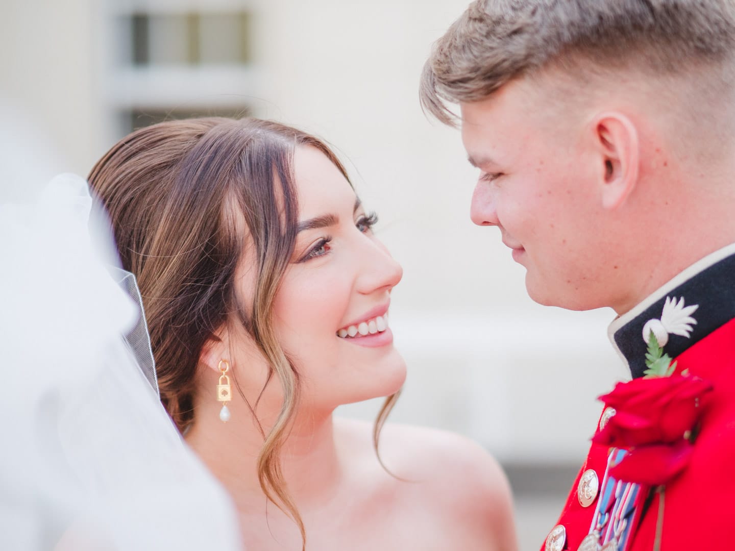 Close-up of a bride and her Guardsman groom